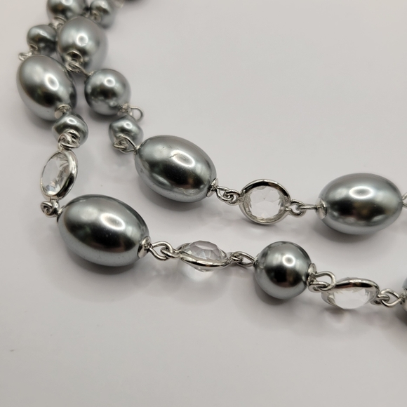 Talbots double strand silver heavy oval bead necklace bezel set clear rhinestone - Picture 4 of 11